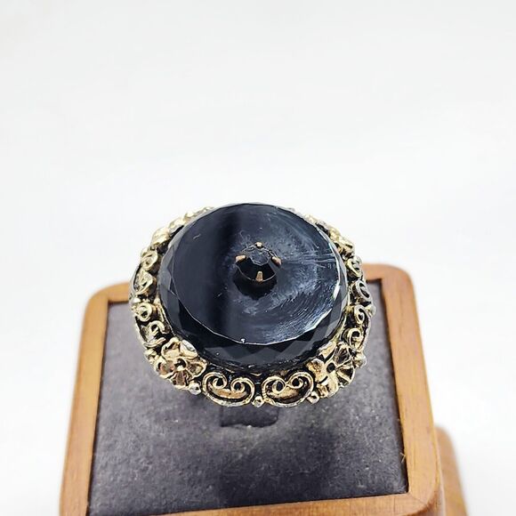 Antique Vintage Beautiful Large Black Glass Adjustable Cocktail Ring Gold Tone - Picture 2 of 8